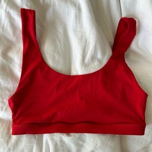 Fabletics Scoop Lounge Bra in Red, Size Medium.